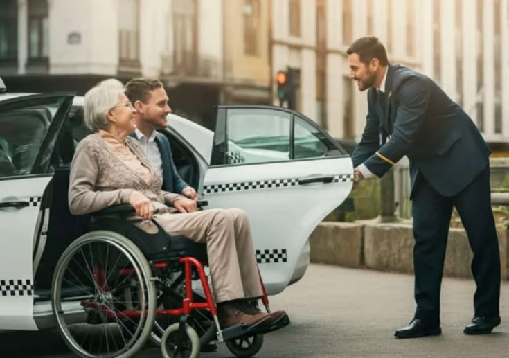 A smartly dressed driver opening the door for an older passenger in a wheelchair and her companion beside a taxi.
